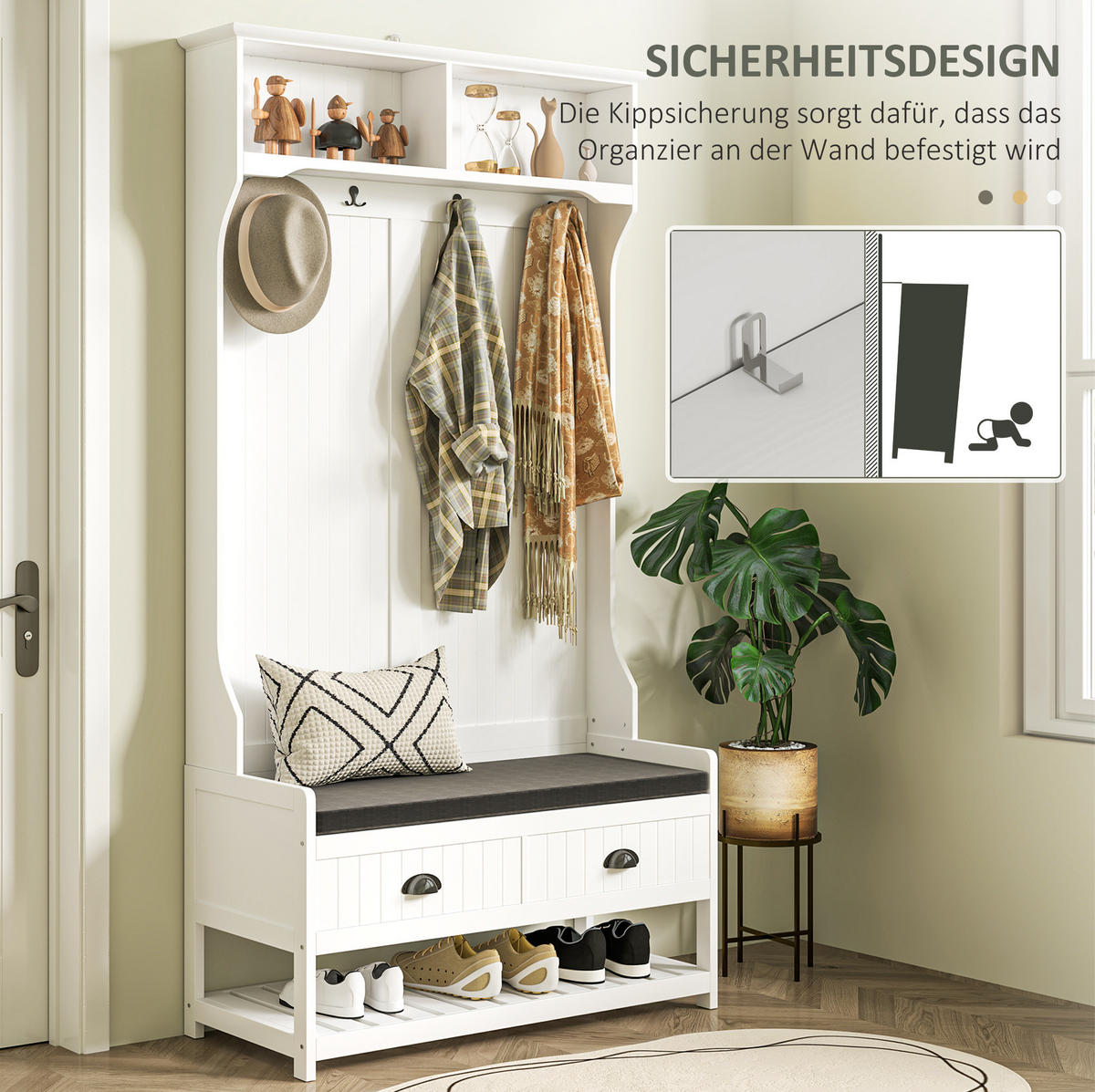 GARDEROBENSTÄNDER mit Schuhbank 89 x 42 x 172 cm MDF White - Weiß, Holzwerkstoff (42/172/89cm) - Beauniv