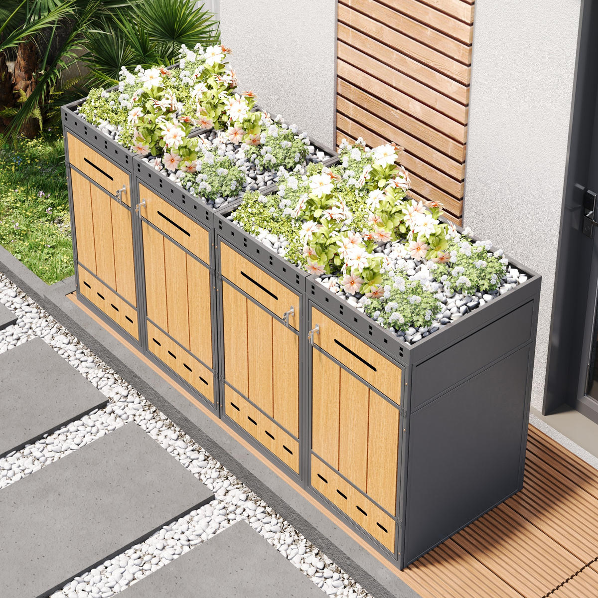 MÜLLTONNENBOX aus Stahl in Grau Holzoptik mit Pflanzdach & Schloss - Grau, Metall (264/124/80cm) - Modfu