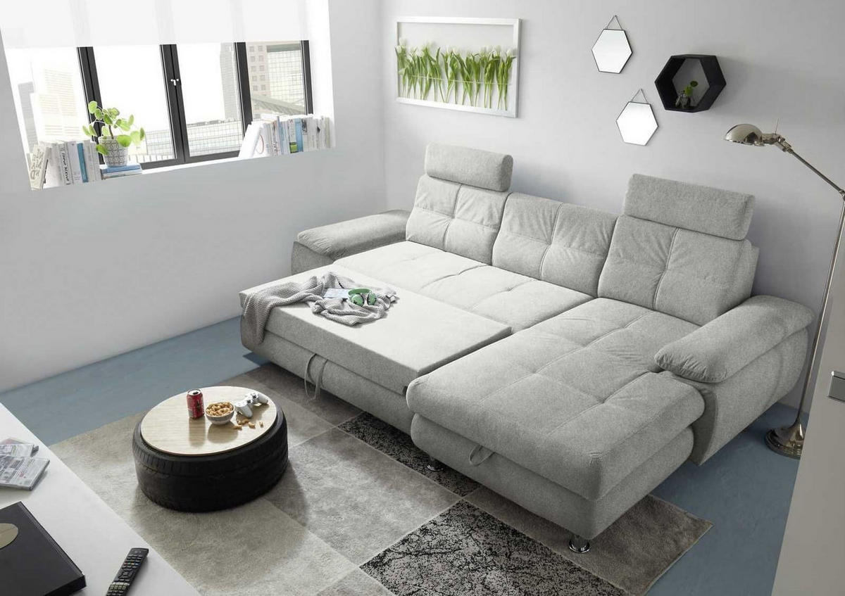 ECKSOFA mit Schlaffunktion und Bettkasten, Brego-Stoff - Chromfarben/Grau, Textil/Metall (177/274cm) - ed exciting design