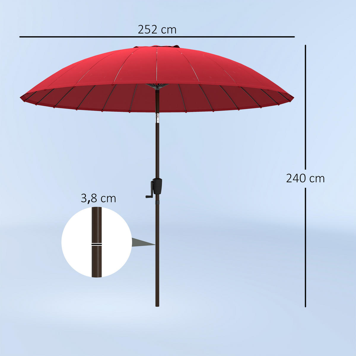 SONNENSCHIRM DE-11388 neigbar, mit Kurbel, 24 Streben Rot - Rot, Metall (260/260cm) - ComfortXL