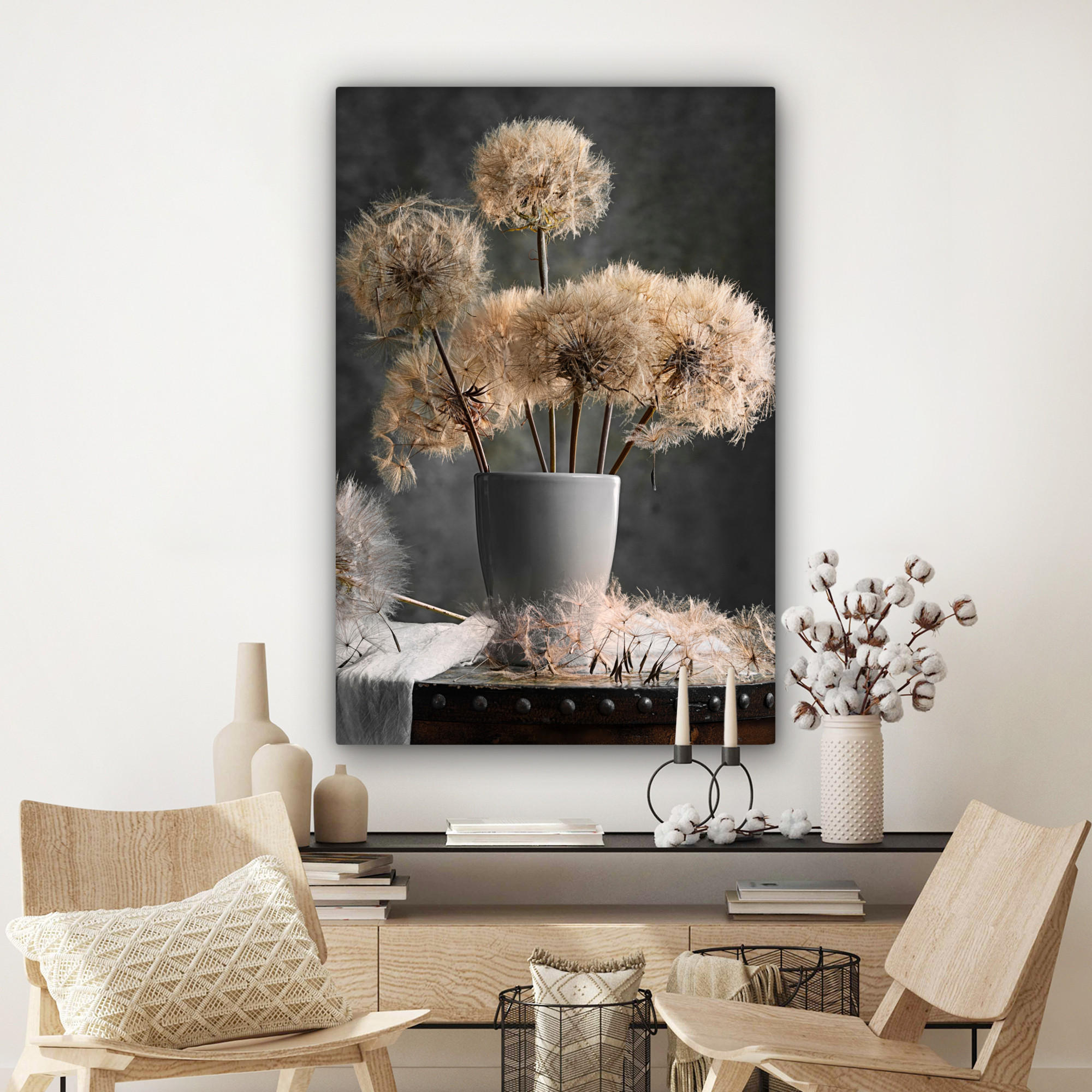 LEINWANDBILD Blumensamen - Löwenzahn - Vase - Stilleben - Blumenstrauß 90x140 cm - Dunkelgrau, Textil (90/140cm) - MuchoWow