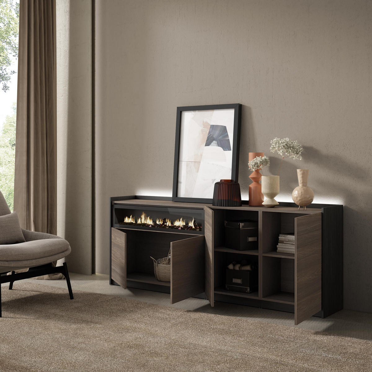 SIDEBOARD, Eiche und Schwarz, 207/37/80cm, Kamin mit Feuereffekt - Dunkelbraun, Holzwerkstoff (207/80/37cm) - Skraut Home