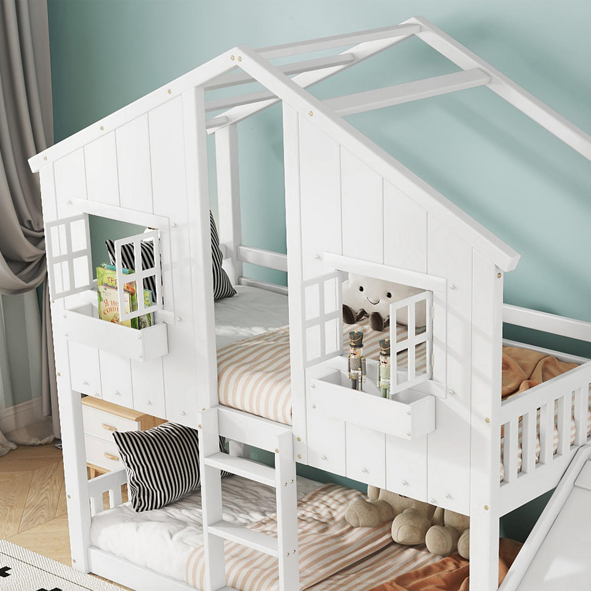 ETAGENBETT 90/200 cm in Weiß & Natur Kinderbett mit Rutsche, Dach, Fenstern und Fallschutz - Weiß, Holzwerkstoff (90/200cm) - STILVORA
