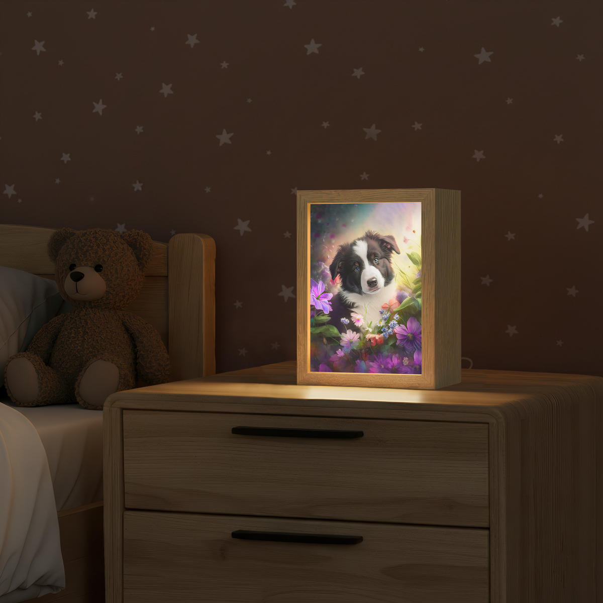 NÁSTĚNNÁ LAMPA Štěně - Slunce - Květiny - Příroda - Border kolie - Pes 15x20 cm - fialová, kompozitní dřevo (15/20/8cm) - OnlyWow