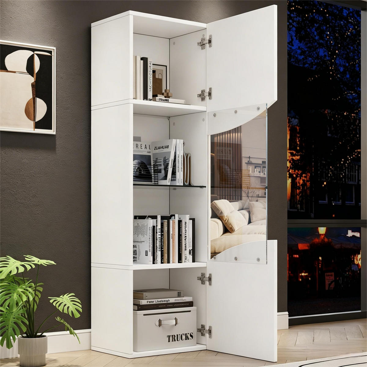 VITRINE Schmales Vitrinenregal mit 4 Ebenen, Hochglanz, Glas & LED-Beleuchtung 35/50/165 cm Weiß 1 Set Spanplatte/Glas - Weiß, Glas/Holzwerkstoff (50/165/35cm) - EVRYAE