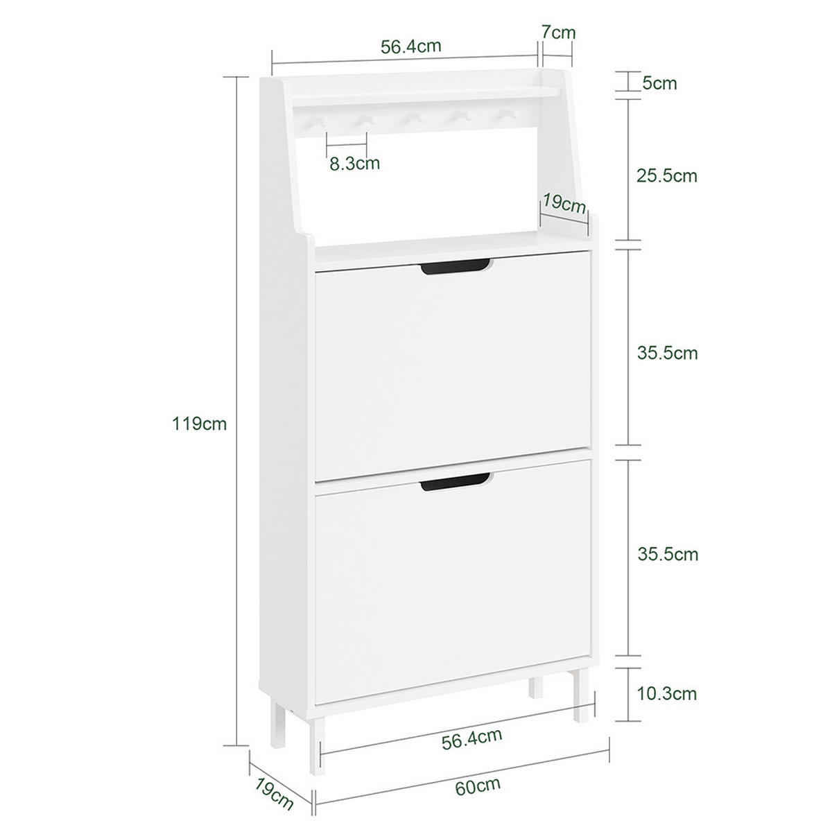 SCHUHSCHRANK mit 2 Türen Weiß 60x19x119cm Modern - Weiß, Holzwerkstoff (19/119/60cm) - SoBuy
