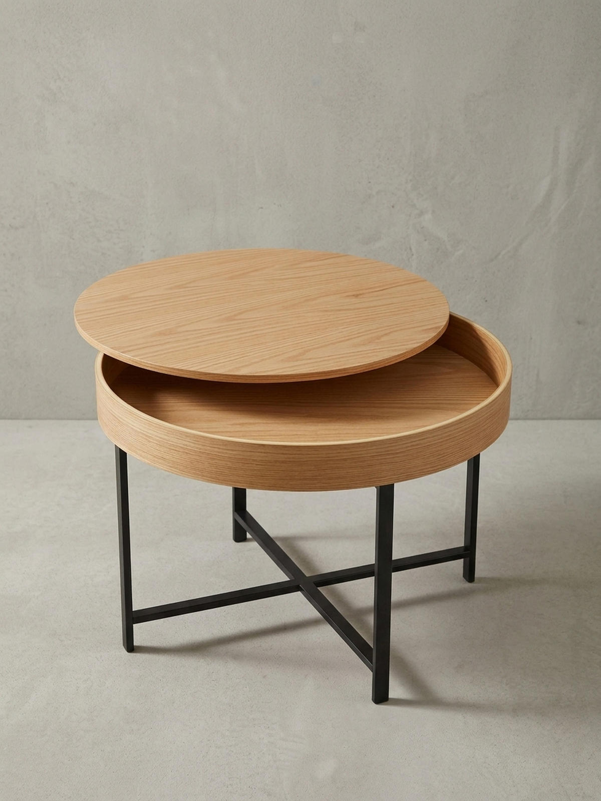 COUCHTISCH in Holzoptik mit Metallbeinen, Rund, Stauraumfunktion, Maße 69x49x69 cm - Schwarz/Braun, Holz/Metall (69/69/49cm) - KADIMA DESIGN