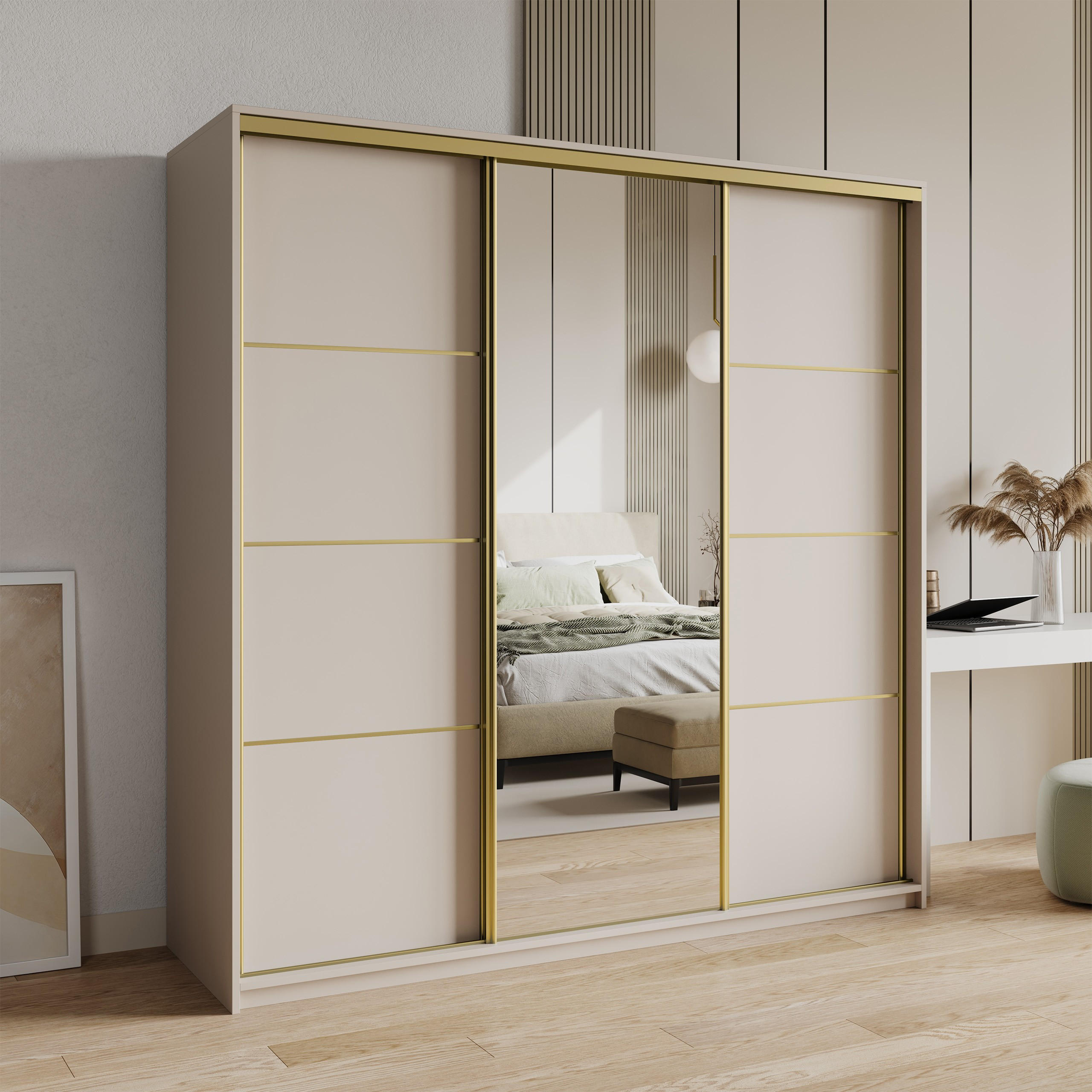 SCHWEBETÜRENSCHRANK VARO 180/205/60 cm 3-türig mit Spiegel und Schubladen Kaschmir - Kaschmir/Goldfarben, Holzwerkstoff (180/205/60cm) - MASSENO
