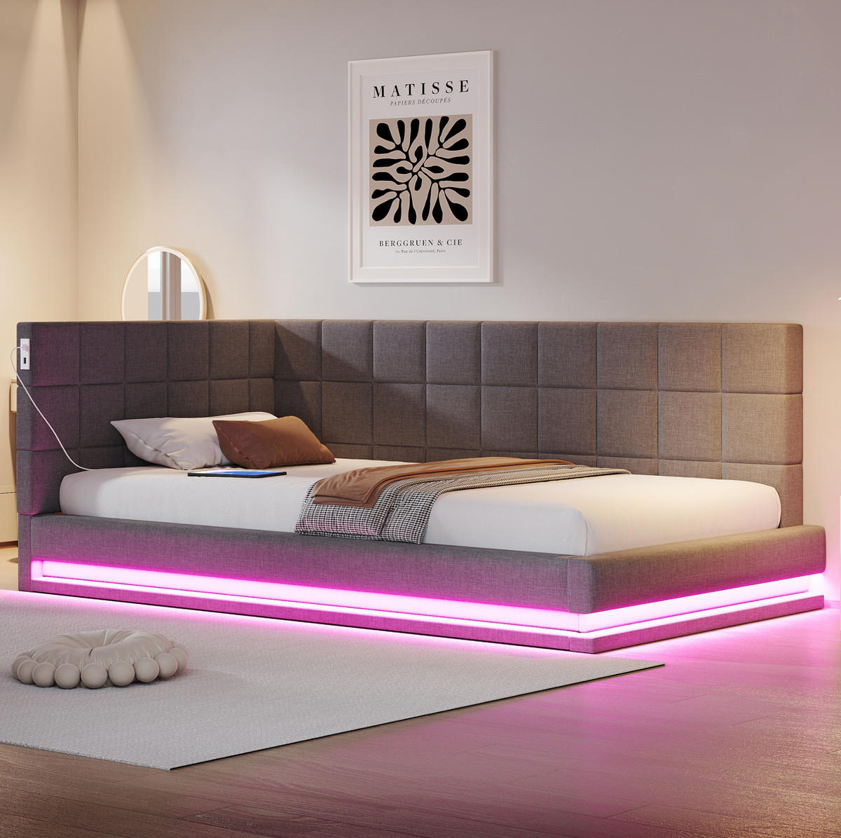 POLSTERBETT 90/200 cm mit LED-Beleuchtung & USB-Steckdose aus Leinen Grau - Grau, Textil (90/200cm) - OKWISH