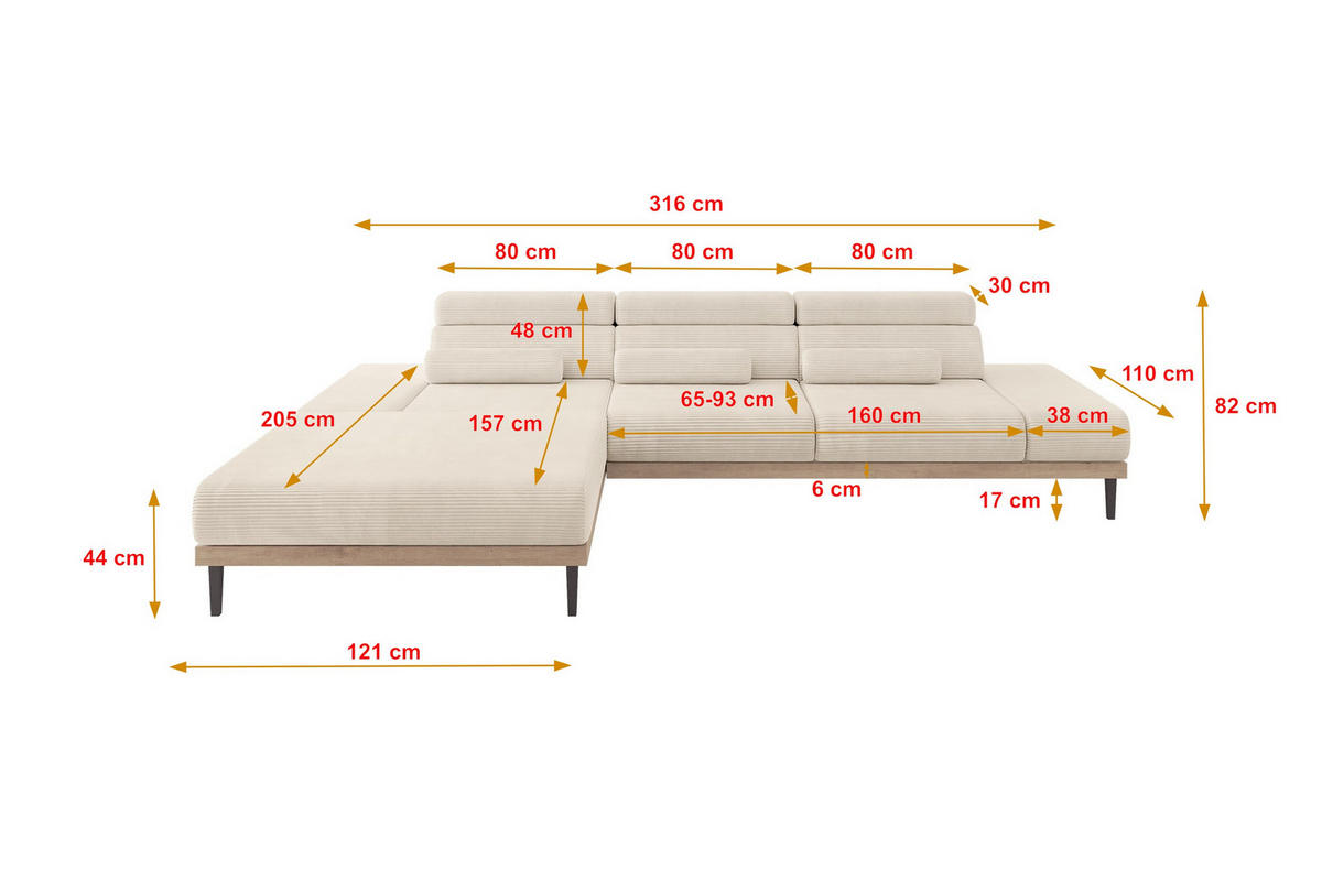 ELEKTRISCHES ECKSOFA Links MONA 316x205x85 Beige Cord - Sandfarben/Beige, Holzwerkstoff/Textil (316/205cm) - ALTDECOR