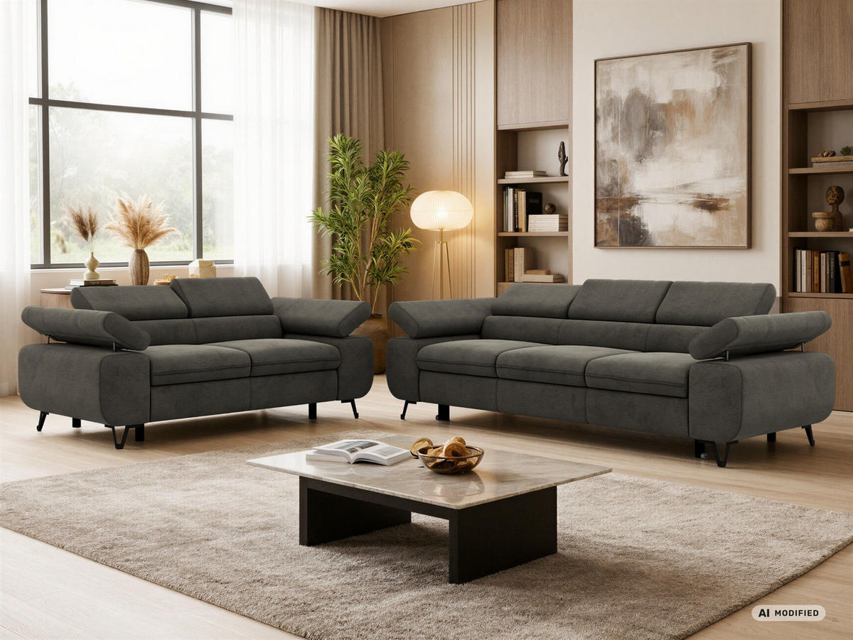 SEDACÍ SOUPRAVA PETERS 2+3 - Tmavě šedá Samet - černá/tmavě šedá, kov/textil (262/76/99cm) - MKS