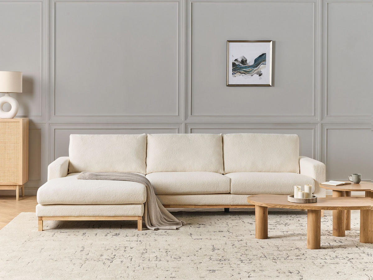 ECKSOFA 4-Sitzer Bouclé Weiß rechtsseitig Siggard - Weiß/Braun, Textil (296/163cm) - Beliani