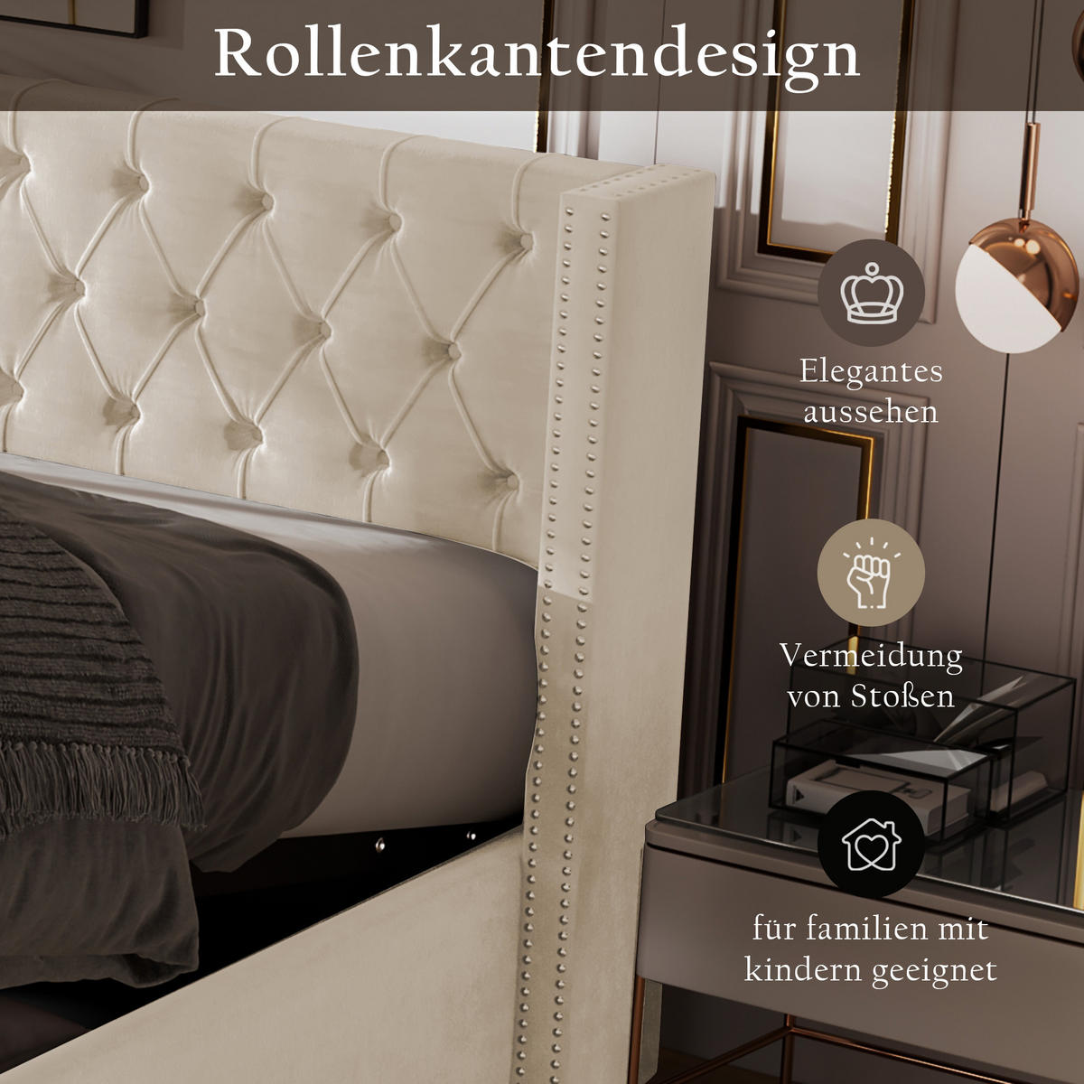 POLSTERBETT 180x200 Ohrenform Flanell Hydraulisch Beige - Beige, Holz - FLIEKS