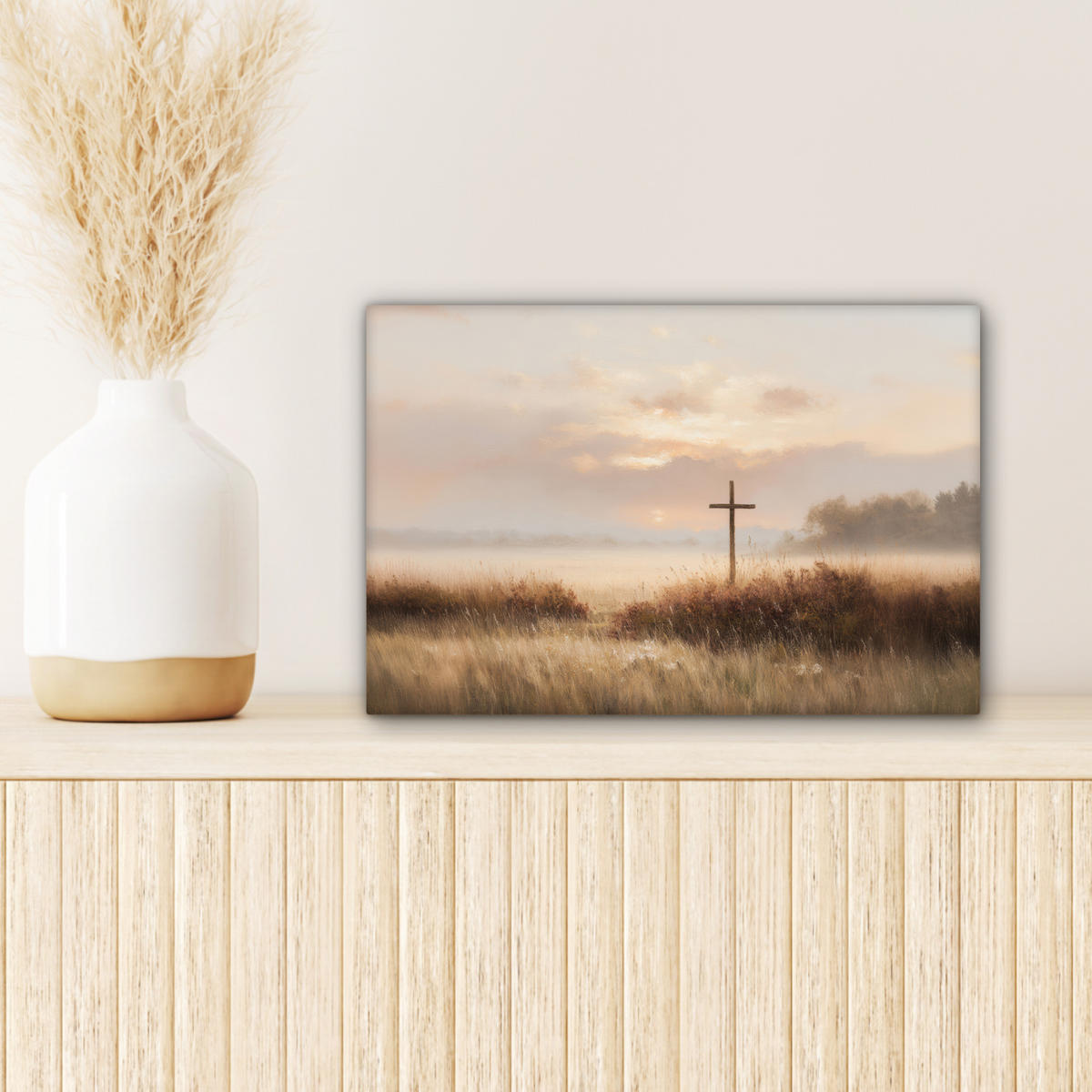 LEINWANDBILD Gras - Morgennebel - Kreuz - Christentum Deko Schlafzimmer 30x20 cm - Beige, Textil (30/20cm) - MuchoWow