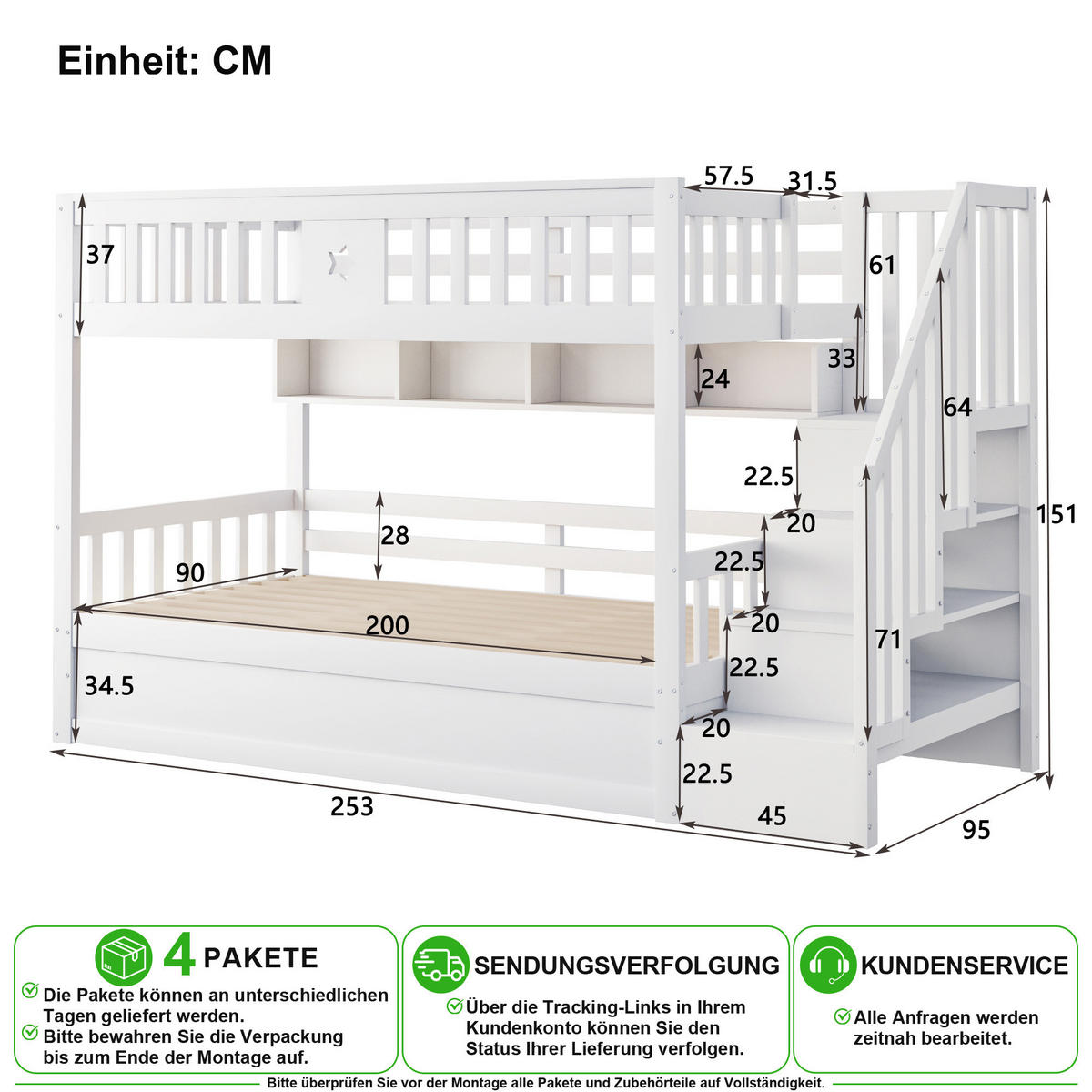 ETAGENBETT 90/200 cm in Weiß mit hydraulischem Bettkasten, Regal und Stauraumtreppe - Weiß, Holz/Holzwerkstoff (90/200cm) - CHICFURN