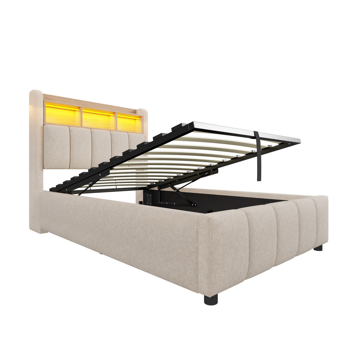 POLSTERBETT 90/200 cm mit LED-Beleuchtung, Bettkasten und gepolstertem Kopfteil - Beige, Textil (90/200cm) - BEAOK