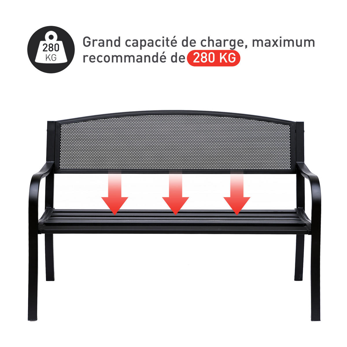 GARTENBANK DE-17746 3-Sitzer mit ergonomischer Rückenlehne Schwarz - Schwarz, Metall (127/87/60cm) - ComfortXL