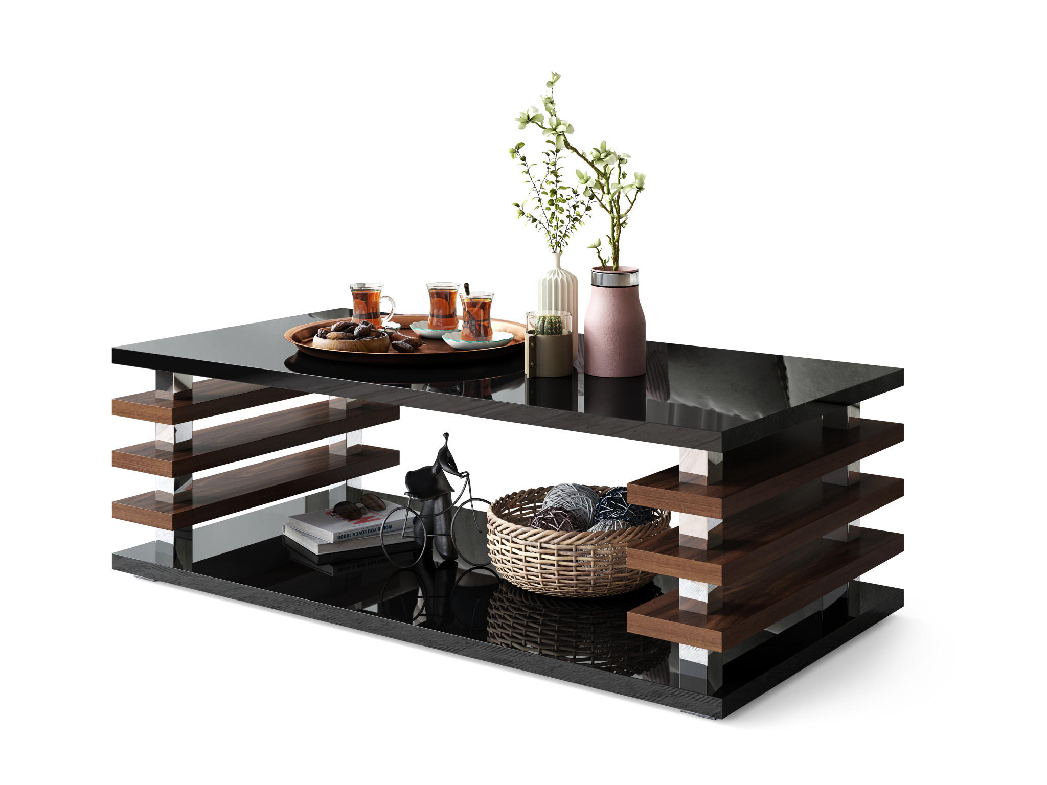 COUCHTISCH rechteckig Schwarz Hochglanz - Nussbaum Ablage 120/40/60 cm - Schwarz Hochglanz/Nussbaumfarben, Holzwerkstoff (60/120/40cm) - designimpex