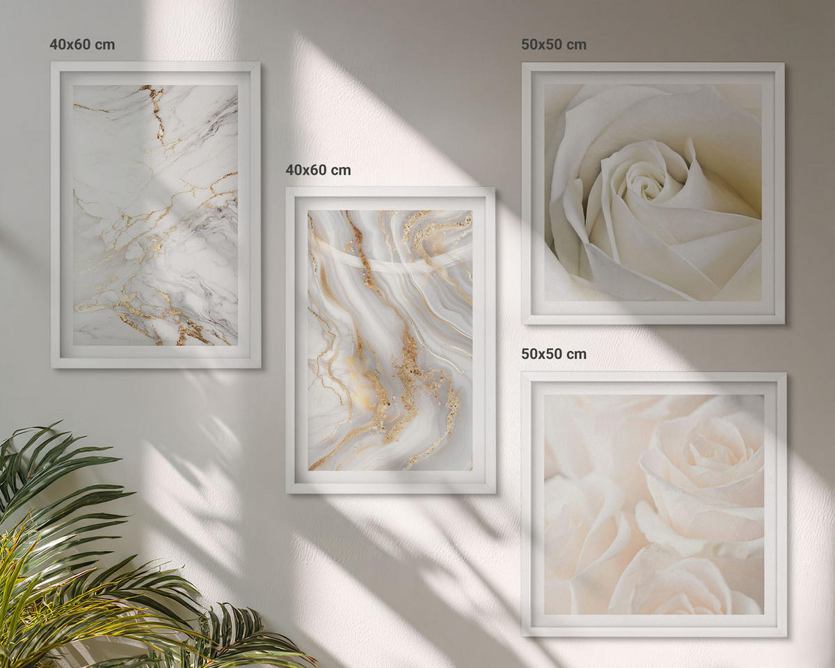 WANDBILDER 4er-Set - 50x50 cm & 40x60 cm Weißer Rahmen - Elegante Marmormuster - Weiß, Kunststoff (50/50cm) - ArtPrintCave