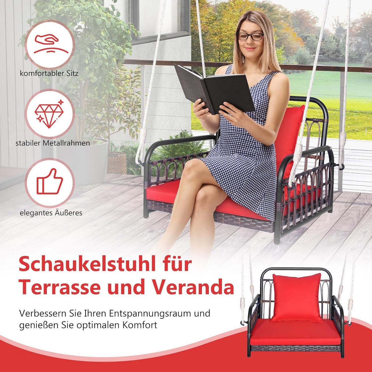 TERRASSENSCHAUKEL ‎Rot - Rot, Metall (80/57.5/65cm) - COSTWAY
