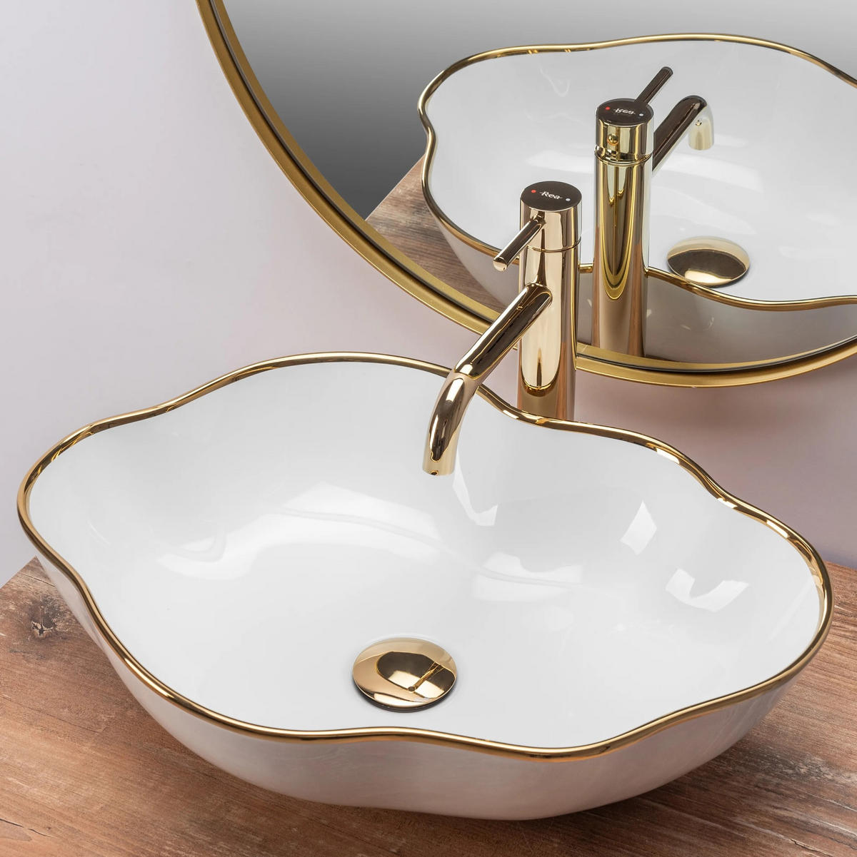 AUFSATZWASCHBECKEN Rea Pearl Gold Edge - Weiß, Keramik (38/13.5/50.5cm) - REA
