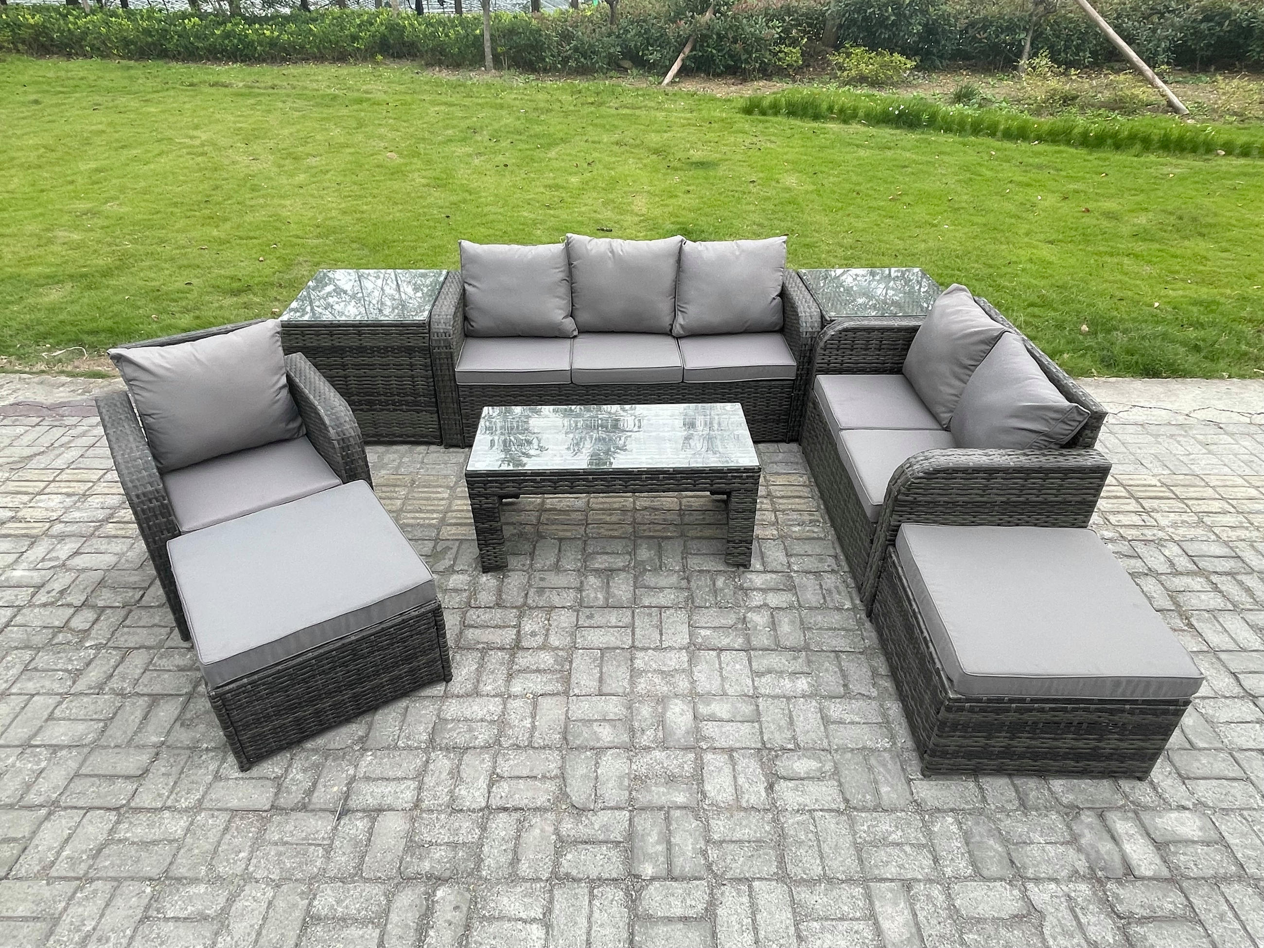 GARTENSOFA SET mit rechteckigem COUCHTISCH Polyrattan 8-Sitzer Dunkelgrau - Dunkelgrau/Grau, Glas/Kunststoff - Fimous