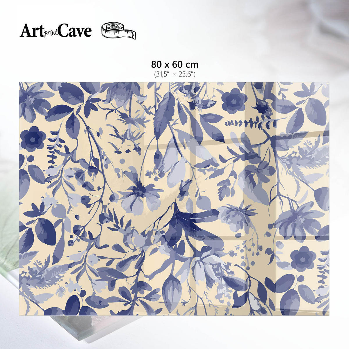 GLASPLATTE 80x60 cm – Blaue Blumen - Creme, Glas (0.4/80/60cm) - ArtPrintCave