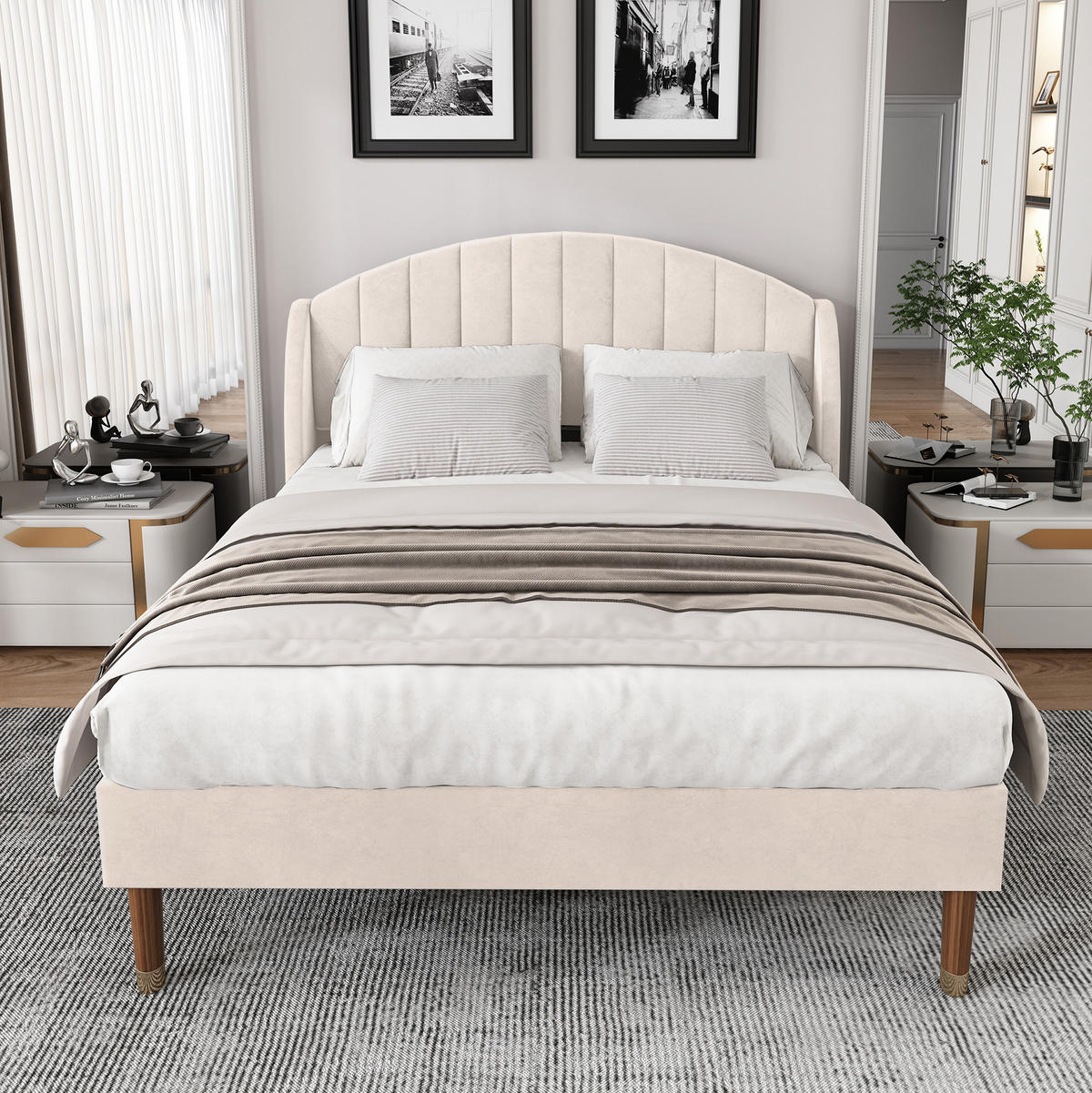 ČALOUNĚNÁ postel 140/190 cm béžová ze sametu s roštem a vysokým čelem - béžová, textil (140/190cm) - OKWISH