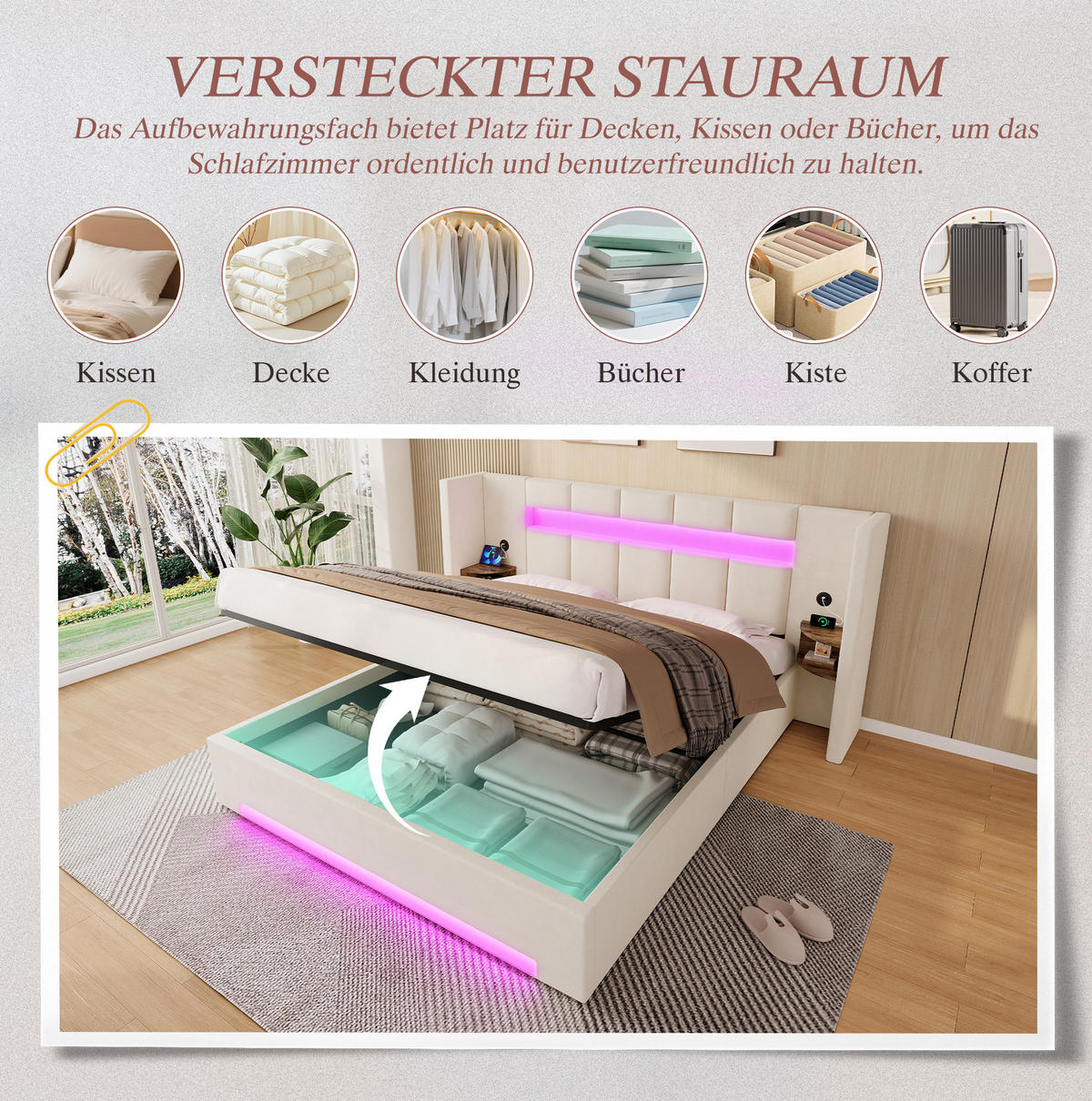 POLSTERBETT 160/200 cm mit USB-Anschlüssen, LED-Beleuchtung, Hydraulik und Stauraum, Beige - Beige, Textil (160/200cm) - Redom