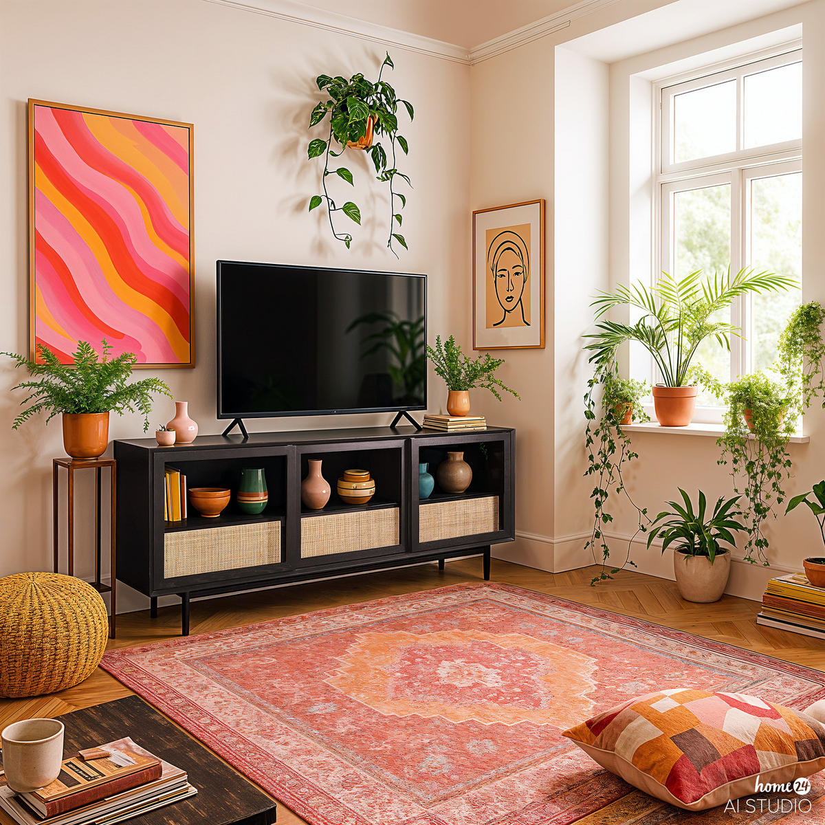 SIDEBOARD mit Schiebetüren - Echtholzfurnier - Gummibaum Schwarz / Beige - Beige/Schwarz, Holzwerkstoff (180/80/40cm) - home24