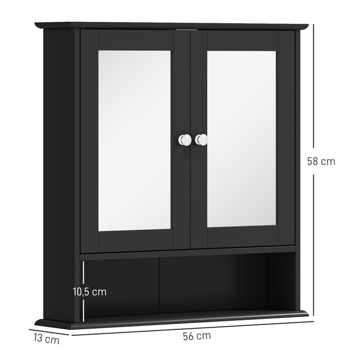 SPIEGELSCHRANK ,offenem Fach, verstellbarem Einlegeboden, 56 x 13 x 58 cm ,Schwarz - Schwarz, Glas (56/58/13cm) - Vallsero