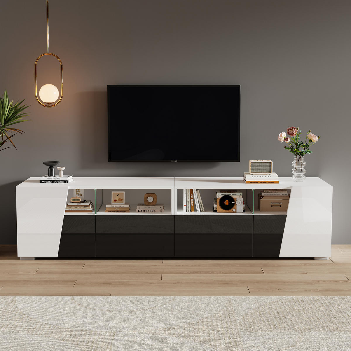 TV LOWBOARD 180cm Hochglanz LED 2 Schubladen 2 Schränke Weiß Schwarz - Weiß, Holzwerkstoff (38.5/45/180cm) - FLIEKS
