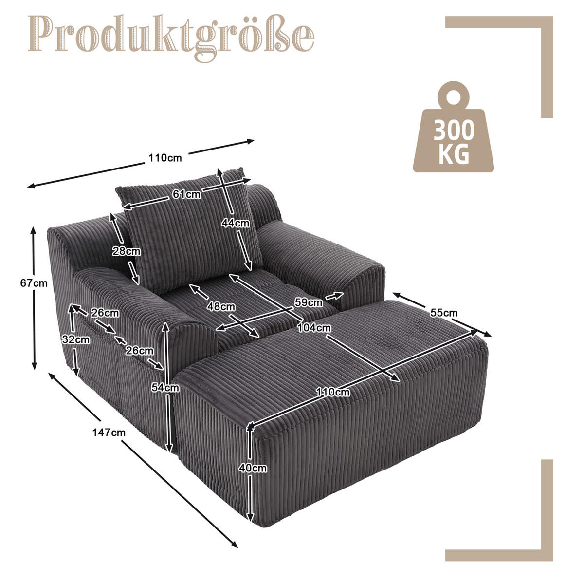 CORD-SESSEL mit Fußhocker 147/110/67 cm in Dunkelgrau – mit Seitentaschen - Dunkelgrau, Textil (147/67/110cm) - BEAOK