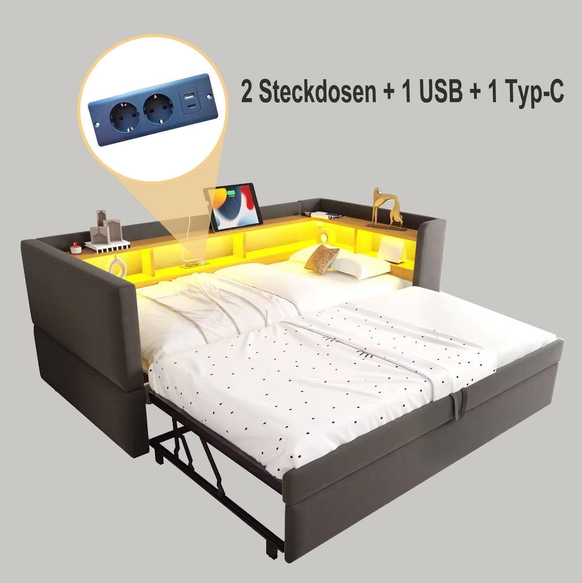 POLSTERBETT mit LED-Beleuchtung 90/190 cm ausziehbar mit Stauraum Dunkelgrau - Dunkelgrau, Textil (90/190cm) - BEAOK