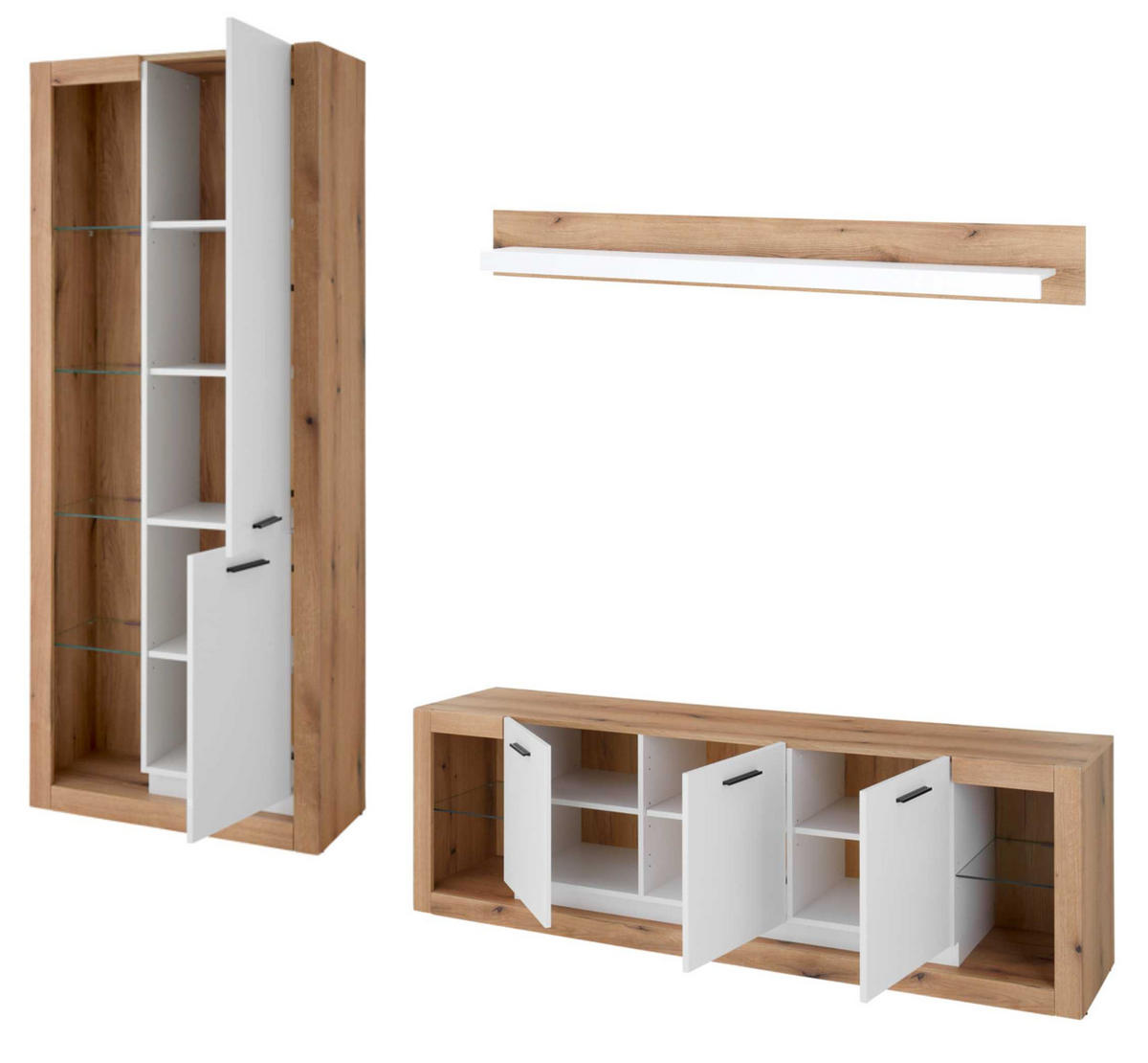 WOHNWAND weiß matt, Evoke Eiche, Wohnkombination Set 3-teilig 298 cm - Eichefarben/Silberfarben, Glas/Holzwerkstoff (298/195/43cm) - Furn.Design