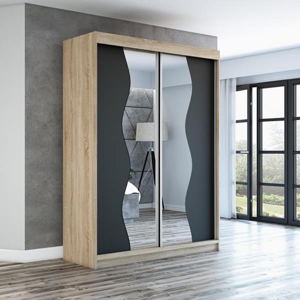 SCHWEBETÜRENSCHRANK 120 CM RIMA Farbe: Sonoma / schwarz / schwarz - Schwarz/Braun, Holzwerkstoff (120/215/59.5cm) - A&J MöbelLand