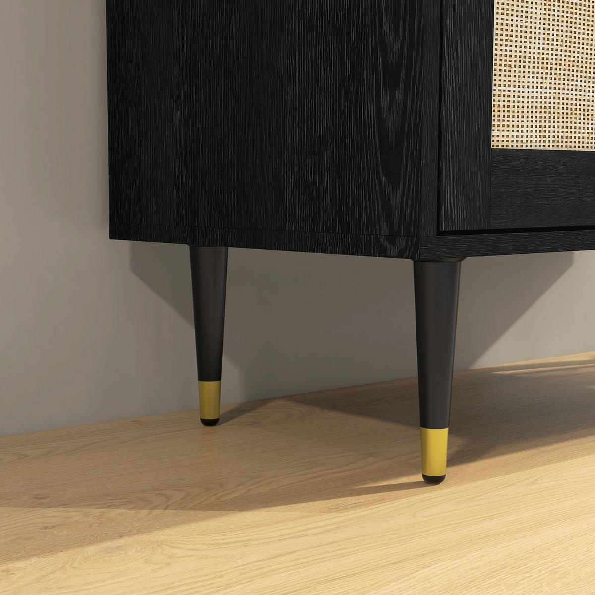 SIDEBOARD DE-11084 Boho-Design mit 2 Türen & Rattan-Front Schwarz - Schwarz, Holzwerkstoff (80/79/38cm) - ComfortXL