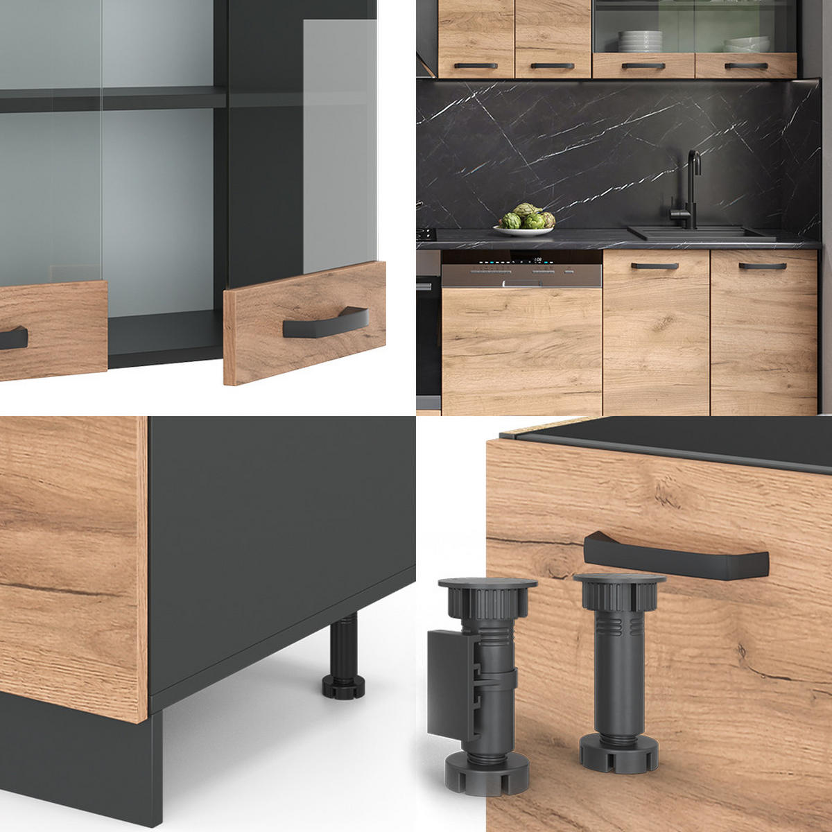 KÜCHENZEILE R-Line Goldkraft Eiche/Anthrazit 300 cm, AP Anthrazit - Anthrazit/Eiche Wotan, Holzwerkstoff (300/81.6/60cm) - Vicco