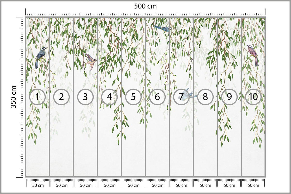 FOTOTAPETE für Schlafzimmer Trauerweide Äste Vögel Frühling Blätter 500x350 - Blau/Beige, Papier (500/350cm) - Muralo