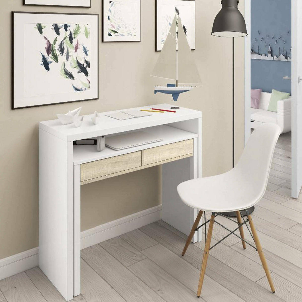 SCHREIBTISCH Weiß, Eiche 36/98.5/87.5 cm - Eichefarben/Weiß, Holzwerkstoff (36/99/88cm) - DMORA