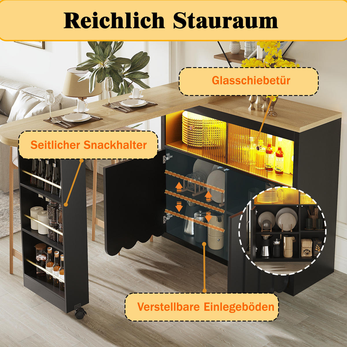 BARTISCH Ausziehbar 135-205cm LED Stauraum Schwarz - Schwarz, Glas (39/135/100cm) - FLIEKS