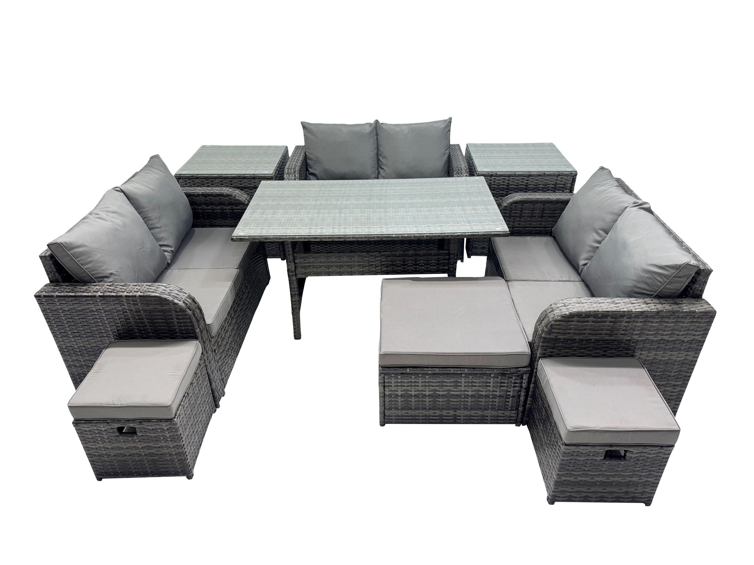 SITZGRUPPE mit Esstisch,Zweisitzer,3 Hockern,Beistelltischen Polyrattan 9-Sitzer - Dunkelgrau/Grau, Glas/Kunststoff - Fimous