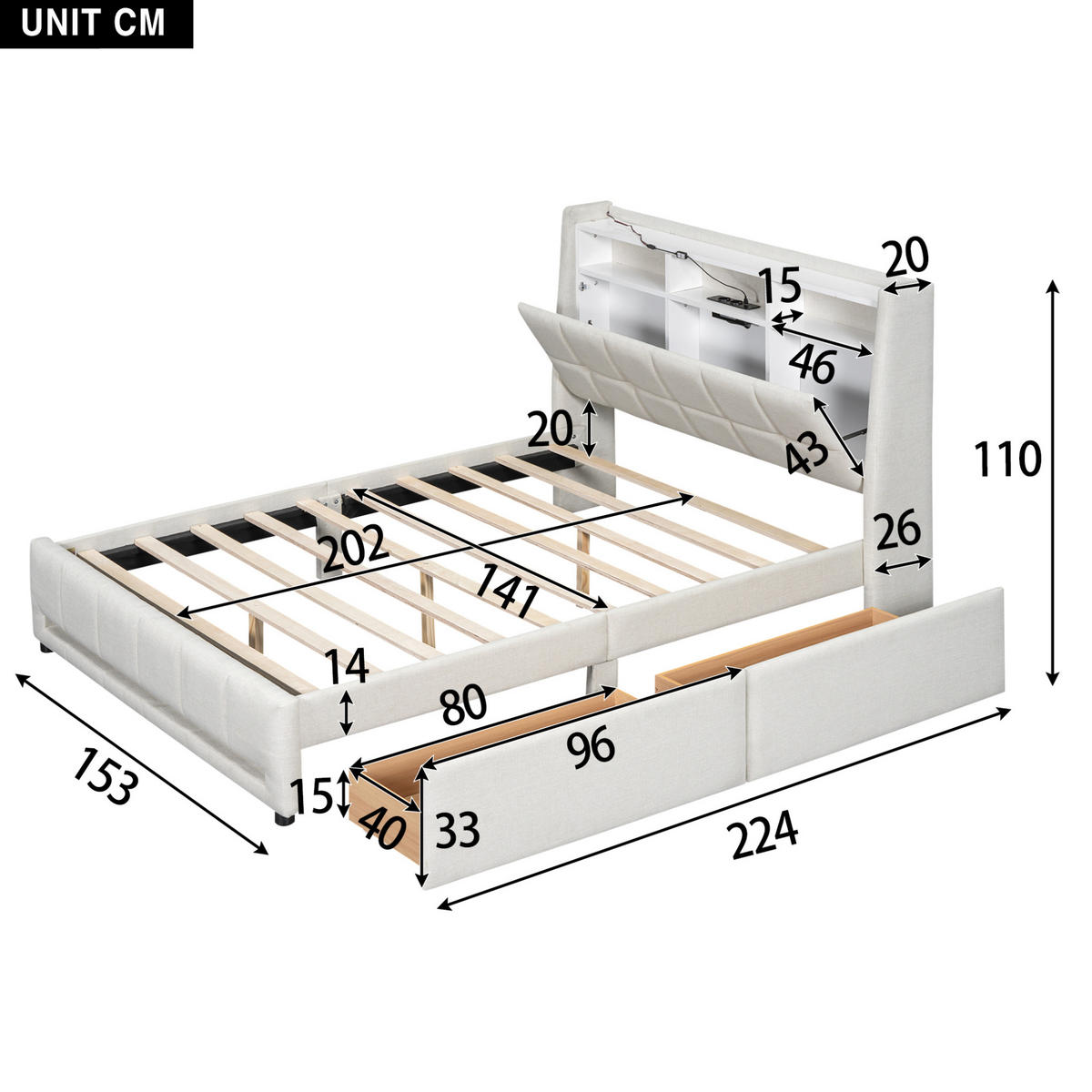 POLNJENA postelja iz lanu in MDF 140x200 cm bež z LED osvetlitvijo, USB priključkom in predali - bež, tekstil (140/200cm) - Modfu