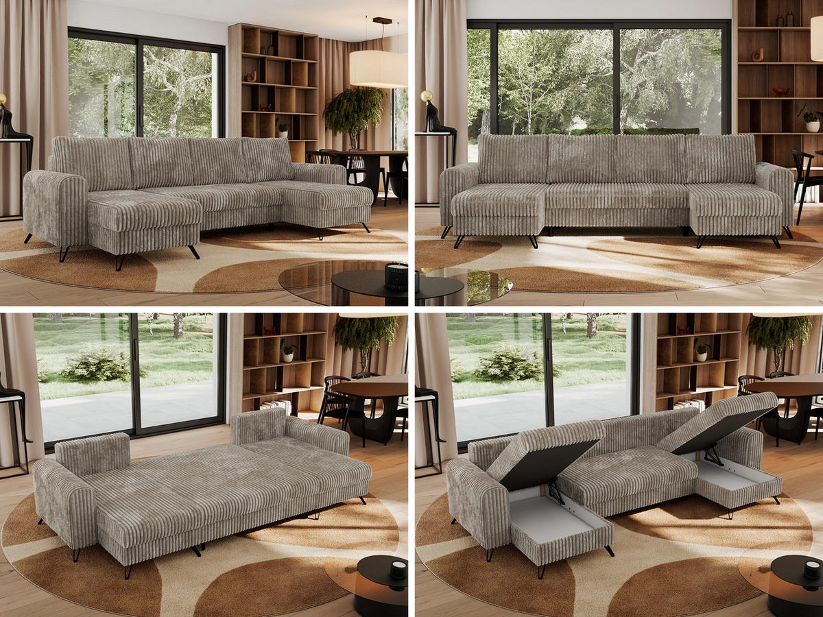 WOHNLANDSCHAFT AXEL U Cord Hellbraun - Schwarz/Braun, Textil/Metall (312/90/140cm) - MKS