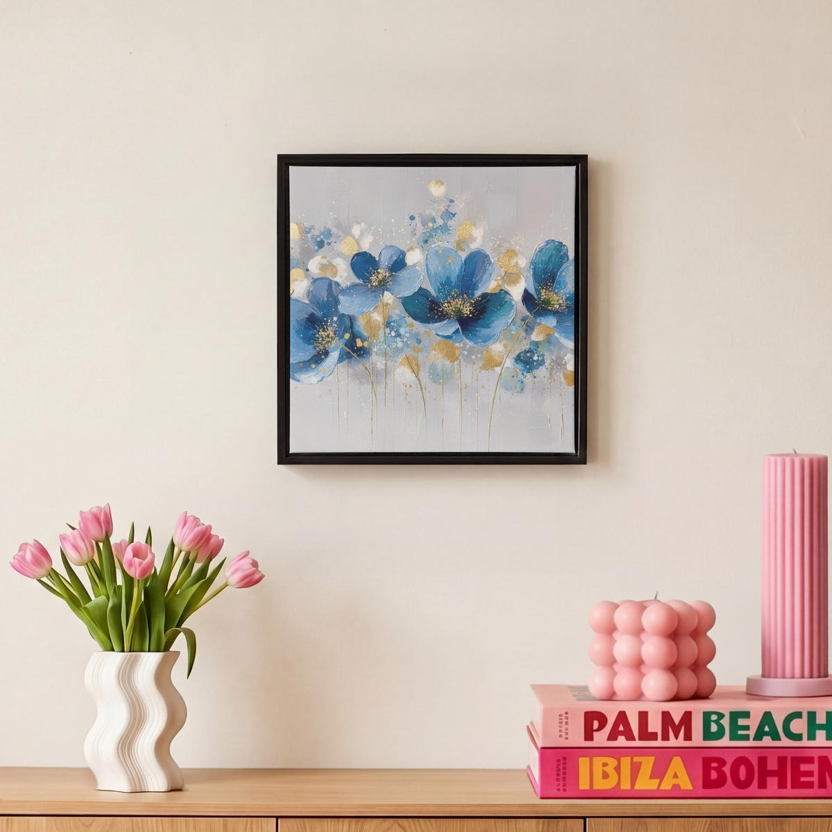 LEINWAND Bilder mit Rahmen - Blumen - Blau - Abstrakt - 20x20 - Hellgrau, Textil (20/20cm) - MuchoWow