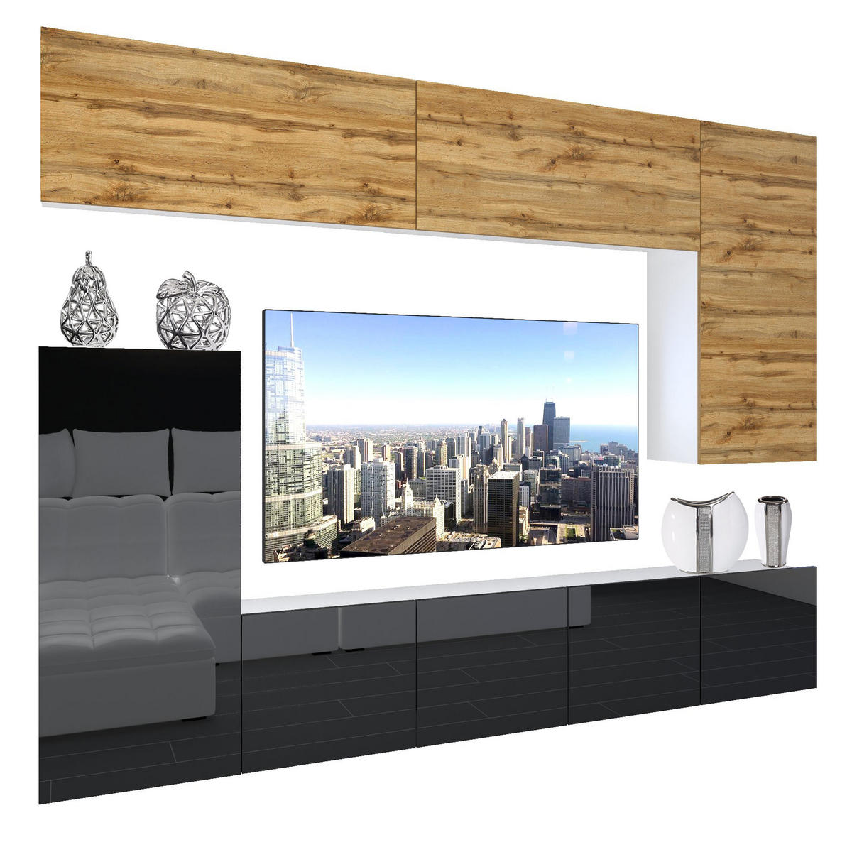 WOHNZIMMERWAND Schrankwand mit LED Wotan Eiche / Schwarz - Eiche Wotan/Schwarz, Holz (250/180/36cm) - B BELINI GROUP