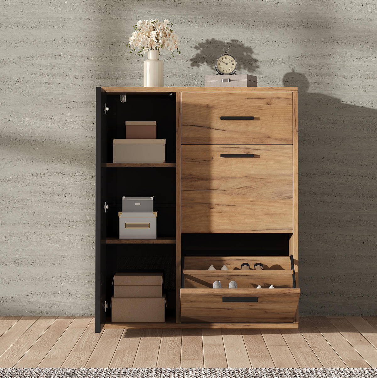SCHUHSCHRANK 80/24/95,5 cm mit 2 Klappen, 1 Tür und Schublade in Natur/Schwarz - Naturfarben, Holzwerkstoff (80/95.5/24cm) - BEAOK