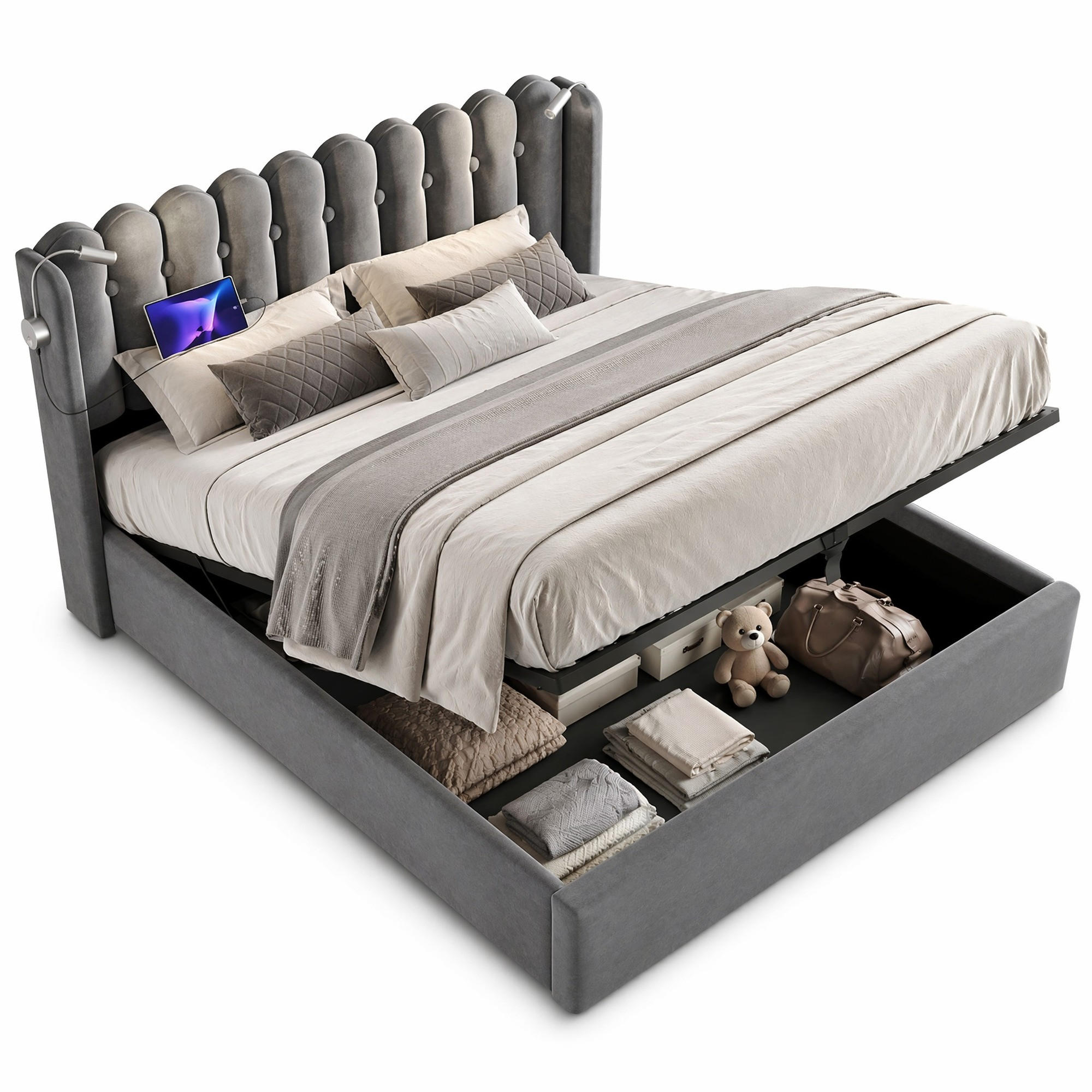 ČALOUNĚNÁ POSTEL 140/200 cm v šedé barvě se sametem, úložným prostorem, čtecím světlem a USB - šedá, kov/kompozitní dřevo (140/200cm) - CHICFURN