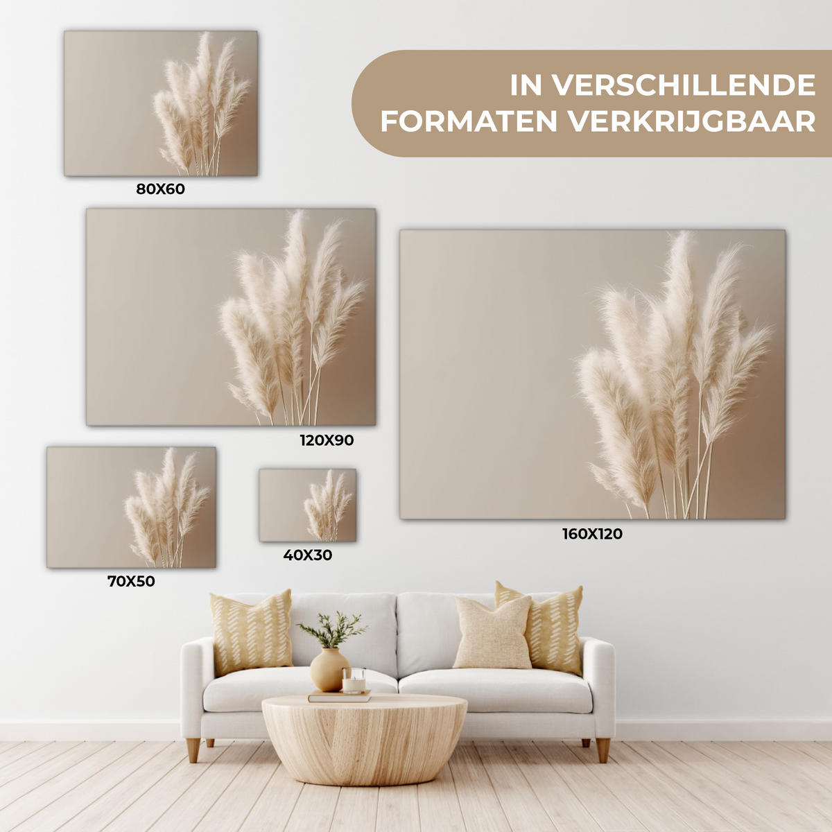 LEINWANDBILD Pampasgras - Federn - Pastell - Weiß Wandbilder 80x60 cm - Naturfarben, Textil (80/60cm) - MuchoWow