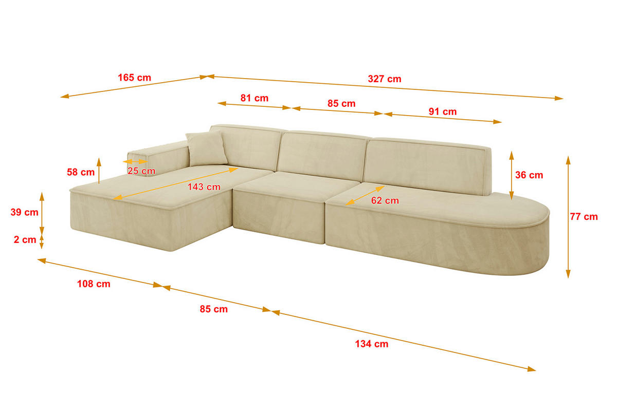 ECKSOFA Ottomane Links IREA-L2-v4 - 327x165x77 cm Beige - Taupe, Holzwerkstoff/Textil (327/165cm) - ALTDECOR